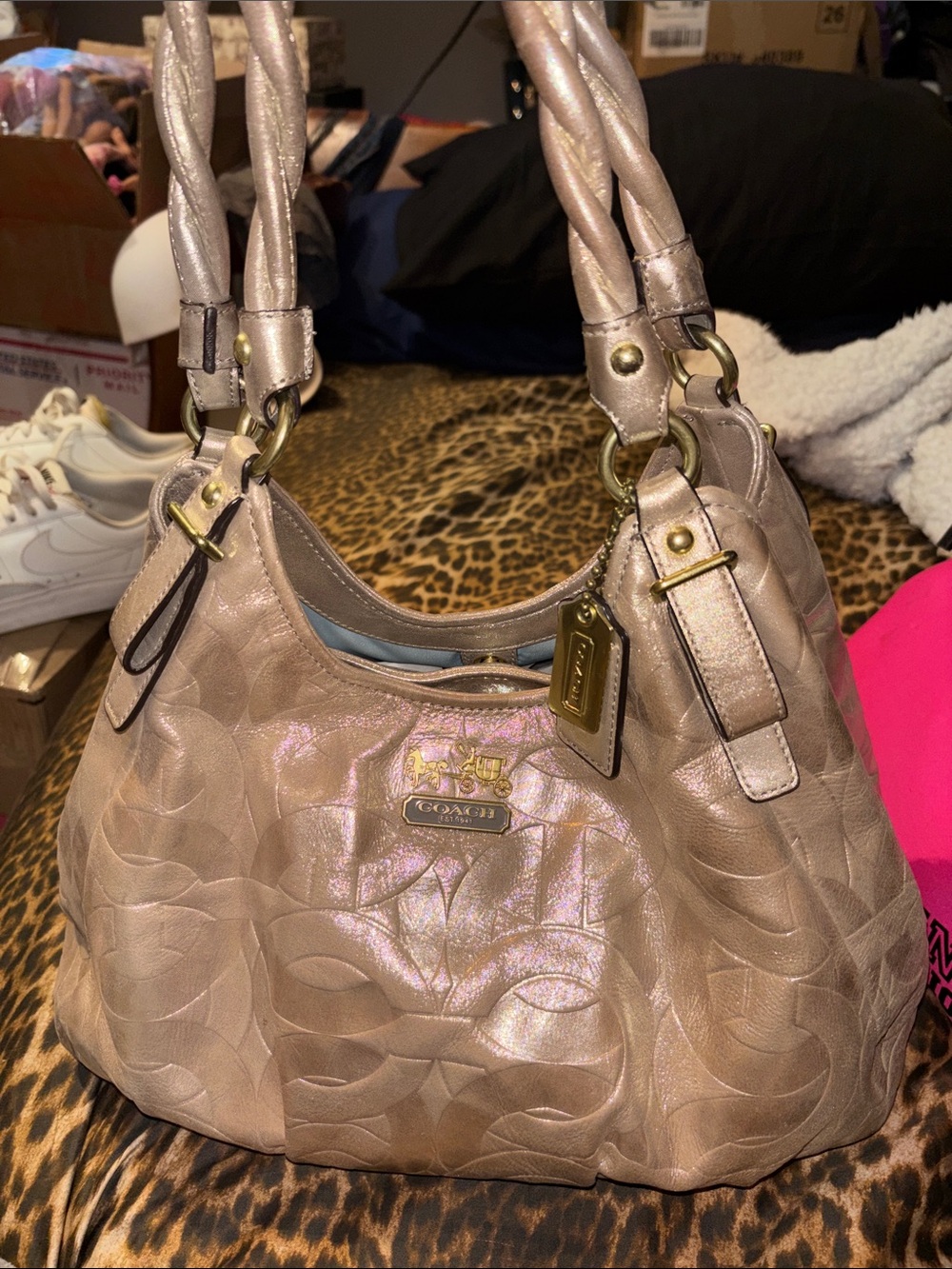 Coach Iridescent Beige/Gold Signature Leather Shoulder Hobo